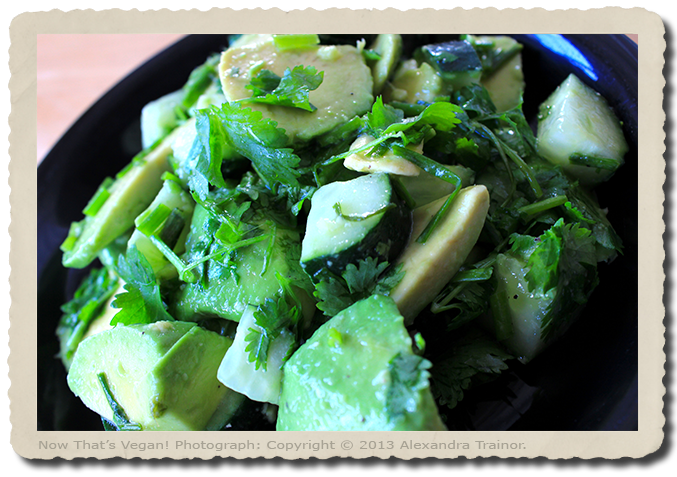 A refreshing salad made with avocadow, cucumbers, and cilantro.