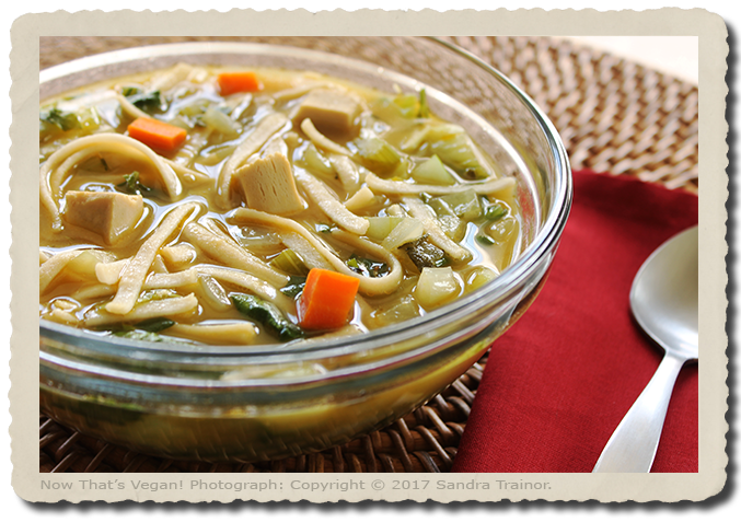 A vegan recipe for chicken noodle soup using a chicken substitute.