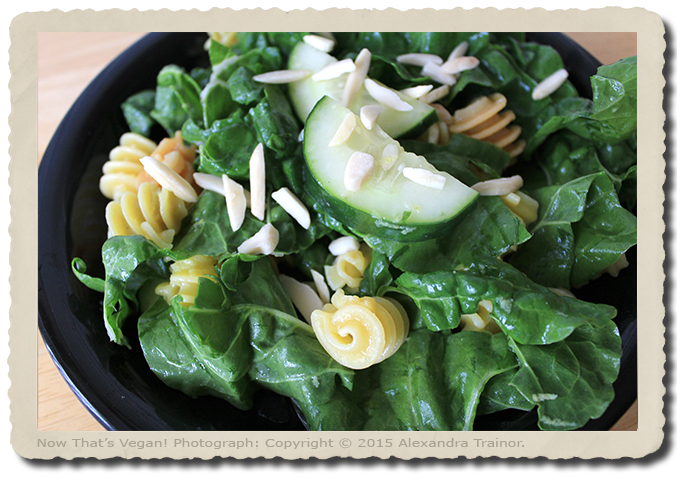 A tasty salad made with green chard, cucumber, and gluten-free pasta.