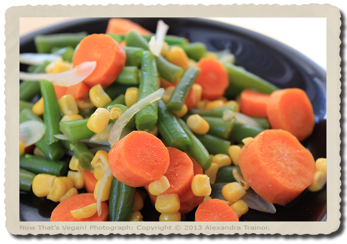 Carrots, green beans, corn, and onion.